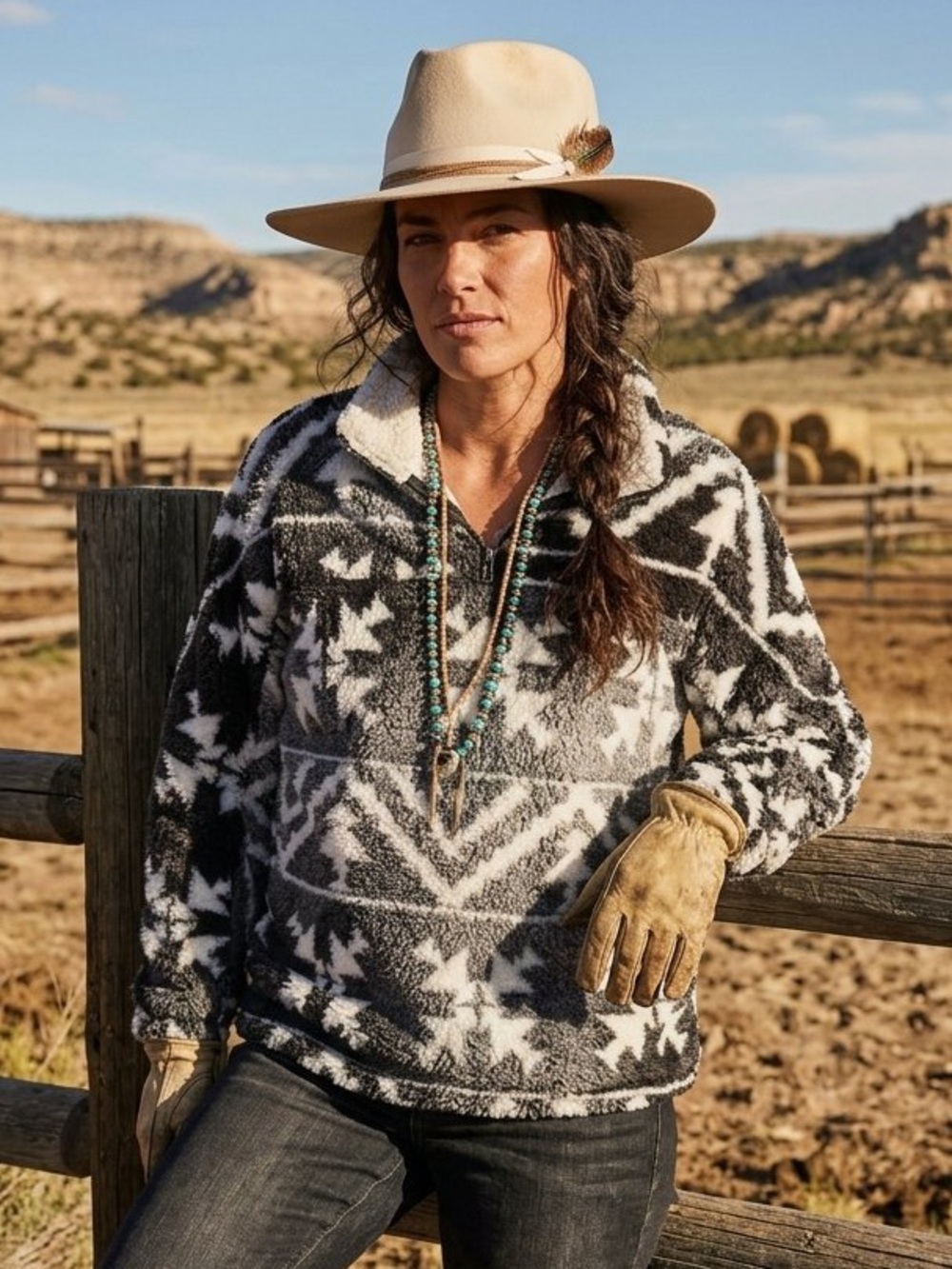 Southwestern Aztec Black & White Sherpa Half-Zip Pullover w country vibe